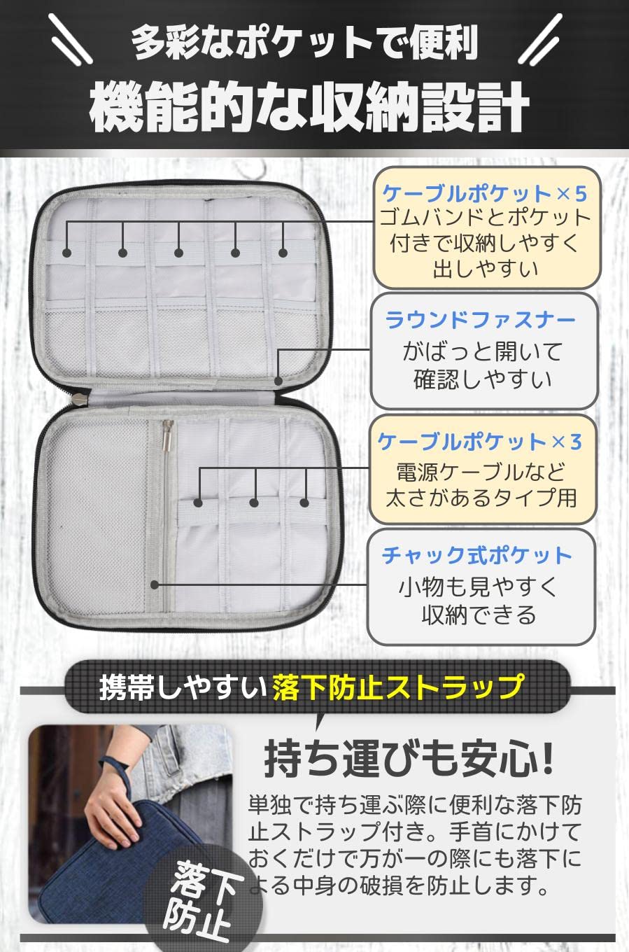 【送料無料】fogman ケーブル 収納 ポーチ ケース バッテリー PC周辺機器 ガジェット 大容量 薄型 (グレー) windaruma-10211171 windaruma サンプル画像3