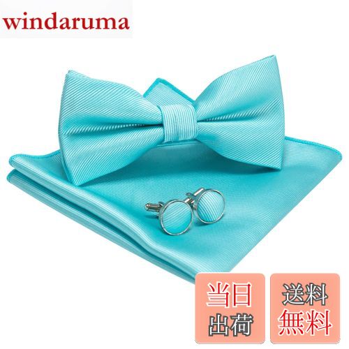 【送料無料】[JEMYGINS] 無地蝶ネクタイとポケットチーフ カフスボタン付き メンズ レイクブルー2