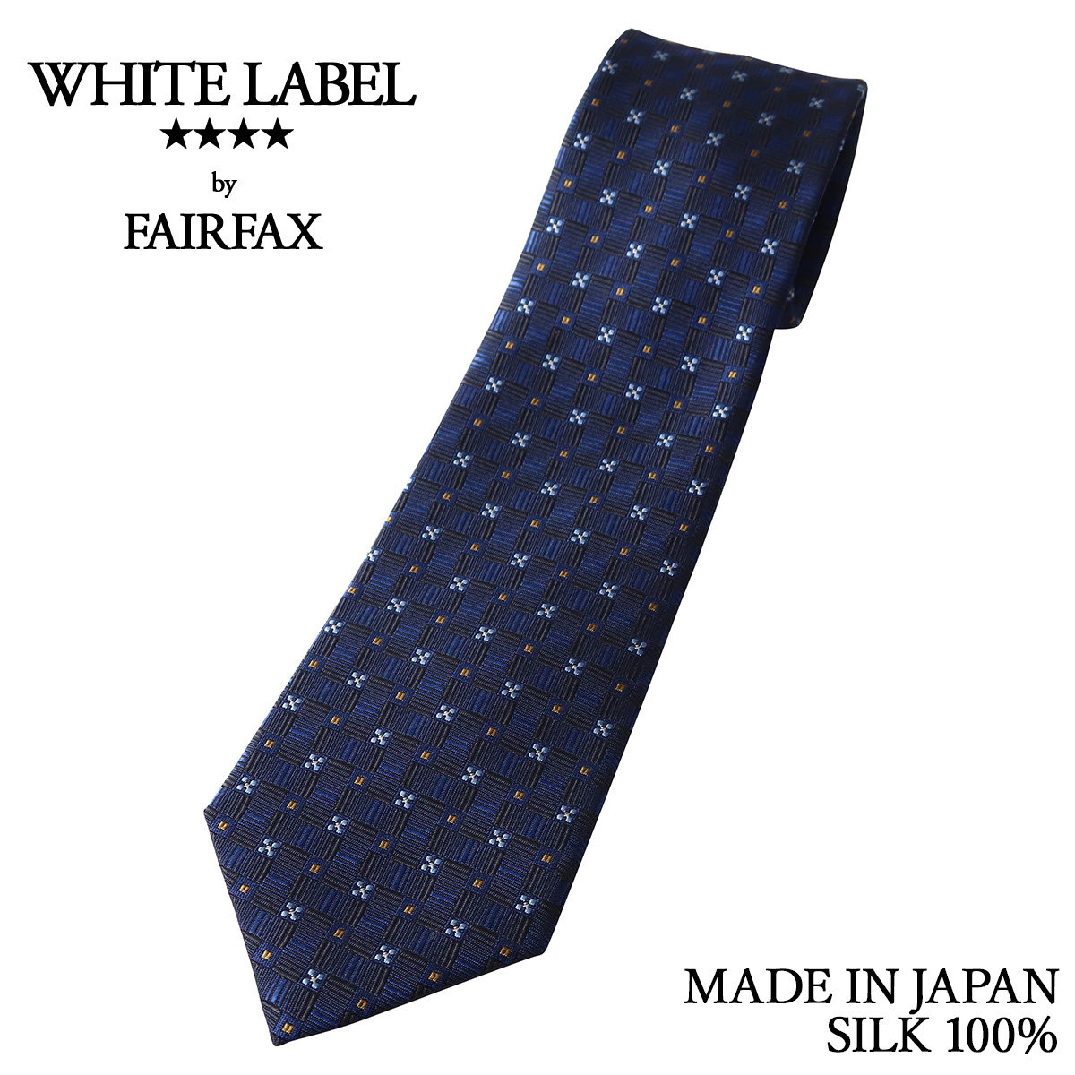 フェアファクス FAIRFAX ネクタイ 花柄小紋 格子の織柄 ダルブルー シルク100% 日本製 ハンドメイド 父の日