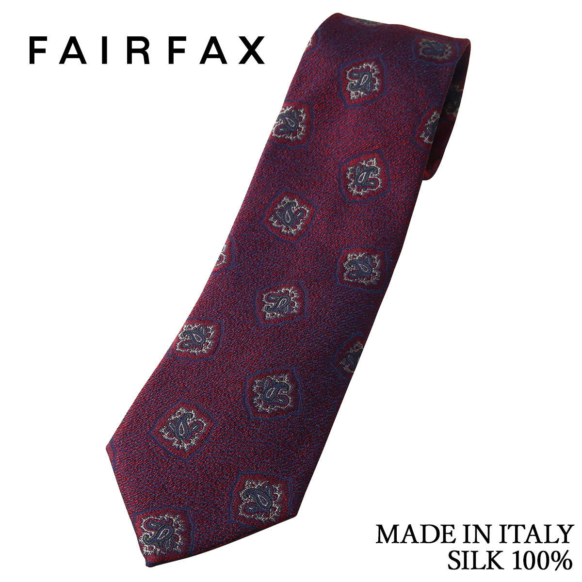 フェアファクス FAIRFAX ネクタイ イタリア製 メダリオン ワインレッドまたはパープル シルク100% ハンドメイド メンズ