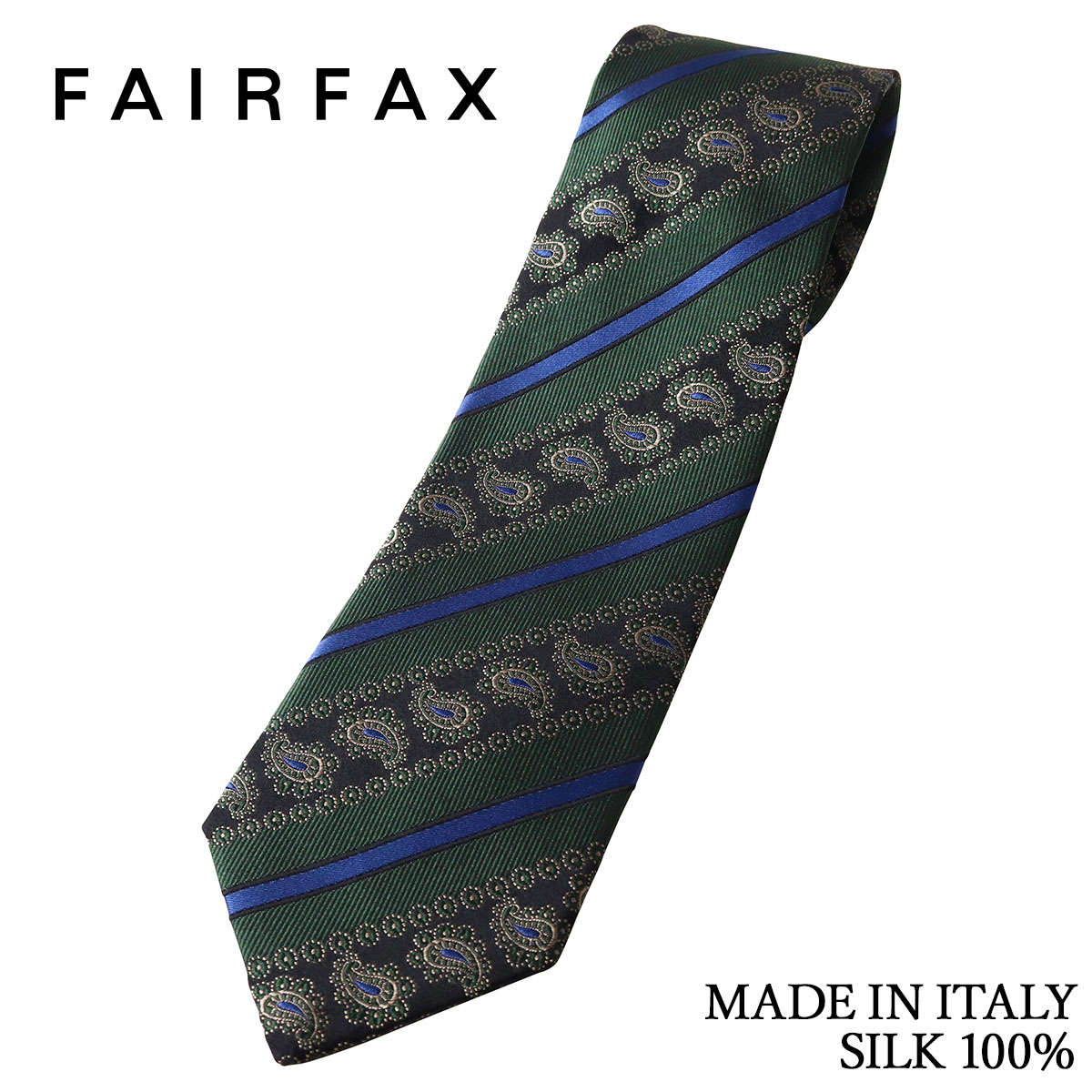 フェアファクス FAIRFAX ネクタイ イタリア製 ストライプ 更紗模様 ペイズリー カーキグリーン シルク100% ハンドメイド 父の日