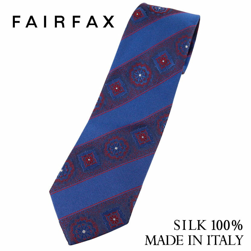 フェアファクス FAIRFAX ネクタイ イタリア製 メダリオン&ストライプ ブルー×レッド シルク100% ハンドメイド