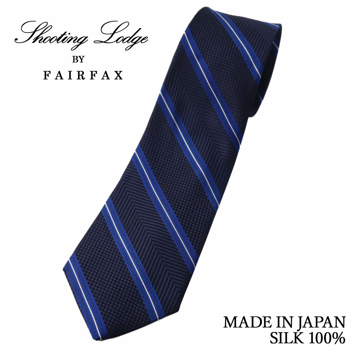 フェアファクス FAIRFAX ネクタイ ストライプ ヘリンボーン＆バスケット織 ミッドナイトブルー 濃いネイビー シルク100% 日本製 メンズ バレンタイン