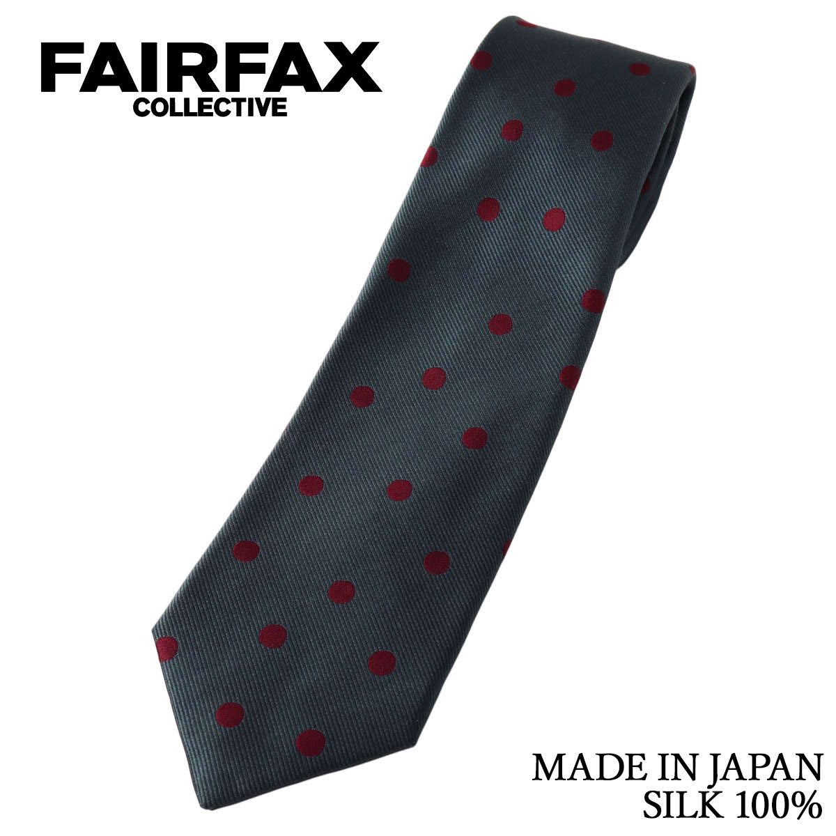 ◆FAIRFAX（フェアファクス）◆ 英国のクラシックをベースに、ロンドン、ミラノ、NYと、大都市でのリアルで洗練されたドレスアップスタイルを提案しています。 本物の英国流スタイルを求め、国内はもとより、海外では英国とイタリアの伝統ある産地とのコラボレーションを追求。 高いクオリティとハンドメイドへのこだわりはフェアファクスのポリシーです。 （フェアファクス・コレクティブ&nbsp;HPより抜粋） 【新着】フェアファクスタイ は コチラ ＞＞ 【コンビニ受取対応商品】】※お使いのモニターによっては実際の色合いとは異なって見える場合がありますのでご了承下さい。ブランドFAIRFAX(フェアファクス)商品番号jg28079大剣の幅約8cmタイの長さ約145cmベースカラーミディアムグレー×ボルドー素材シルク100%素材特徴厳選した高品質な国産シルクを使用した、レップ織りの生地です。 丁寧に織り上げられたシルクが、ほどよい厚みとしなやかさ、しっかりとしたハリ・コシを生み、ノットが締めやすく、美しいディンプルを作り出します。商品特徴「MODERN GRAYシリーズのドットタイ」 王道のレップ織りによる、レトロな趣のランダムドットパターン。 深みのあるグレーをベースに、ボルドーを配した、落ち着きのある洗練された配色が魅力です。 クラシックなドット柄に、今の気分を感じさせる色合わせを取り入れることで、Vゾーンにさりげない洒落感を添えます。 ベーシックなドットタイとはひと味違う、色使いにこだわった大人の一本です。 このネクタイは、熟練の職人がひと針ひと針丁寧に縫い上げ、美しく仕上げています。当店通常価格14,300円（税込）生産国日本 MADE IN JAPAN発売元フェアファクスコレクティブ株式会社※生地の裁断場所により、柄配置は写真と異なる場合がございます。 表記と実寸法に若干の誤差がある場合があります、予めご了承ください。