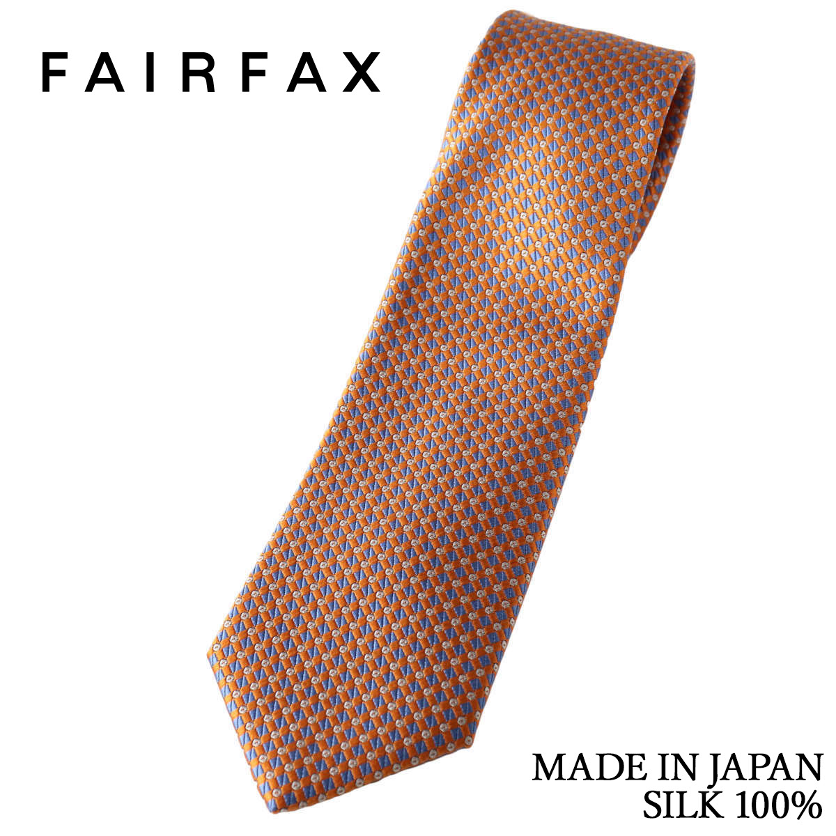 フェアファクス FAIRFAX ネクタイ マイクロ柄 小紋 オレンジ×スカイブルー シルク100% 日本製 ハンドメイド メンズ
