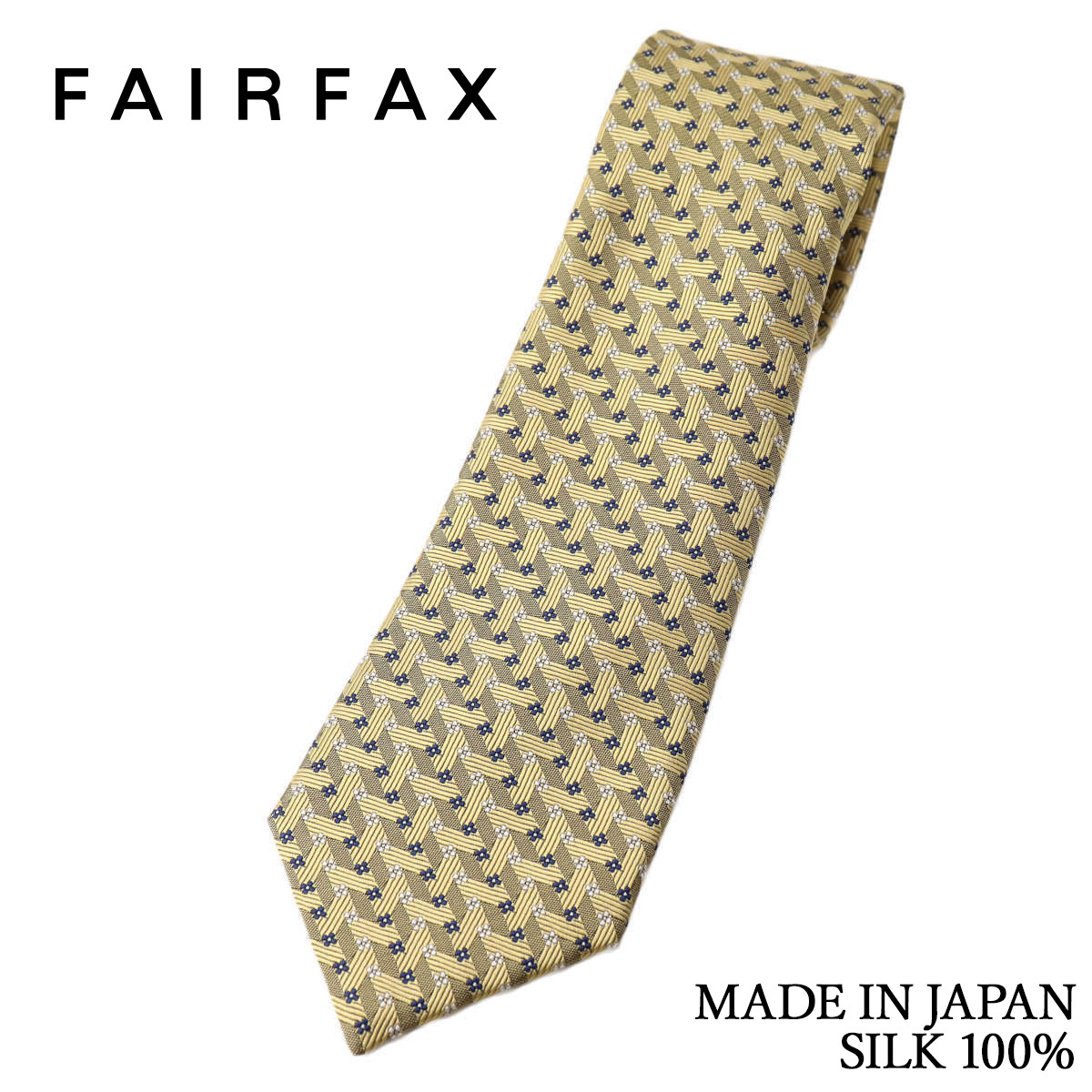 フェアファクス FAIRFAX ネクタイ 花柄小紋 ジオメトリック織 イエロー シルク100% 日本製 ハンドメイド メンズ