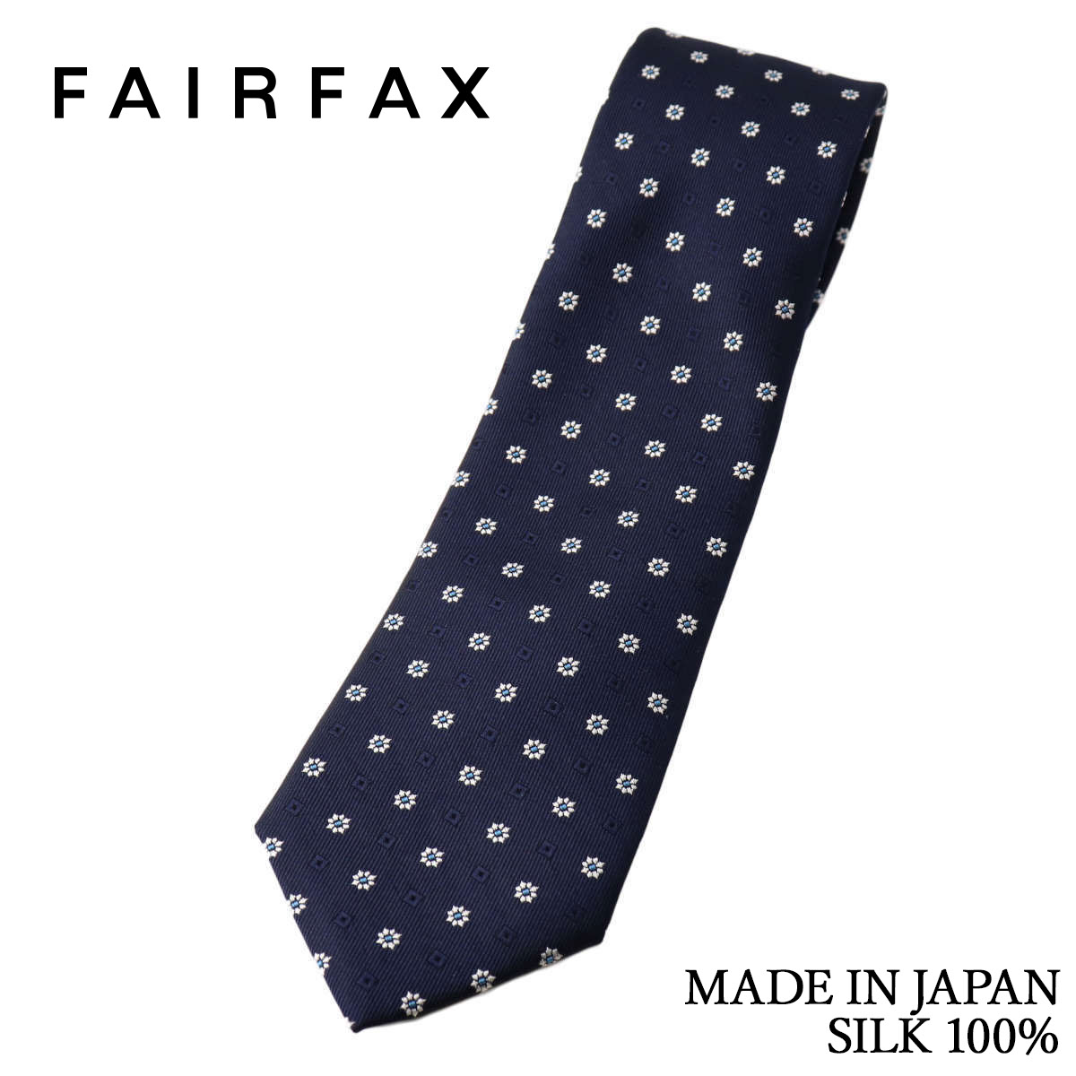 フェアファクス FAIRFAX ネクタイ 花柄小紋×シャドー小紋 ネイビー シルク100% 日本製 ハンドメイド メンズ