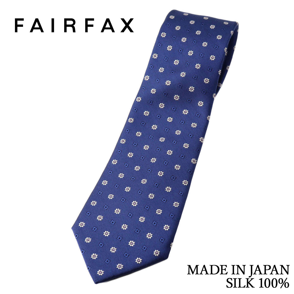フェアファクス FAIRFAX ネクタイ 花柄小紋×シャドー小紋 インクブルー シルク100% 日本製 ハンドメイド メンズ