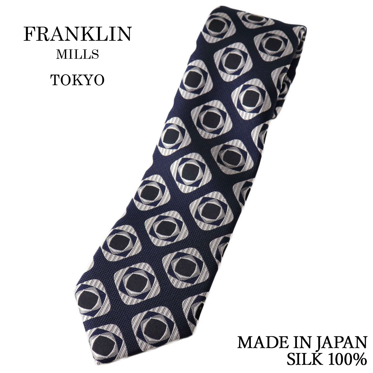 乐天商城 - 【10%OFFクーポン配布中！+店内全品P5倍】フランクリンミルズ ネクタイ ジオメトリック 小紋 ネイビー シルク100% 日本製 ハンドメイド メンズ 父の日