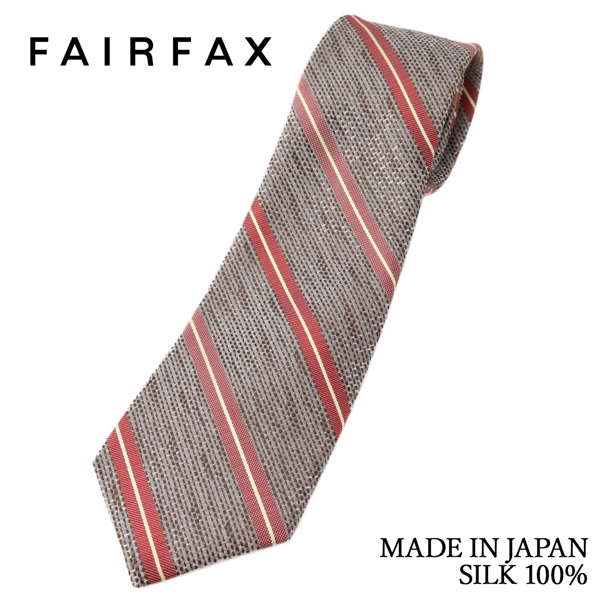乐天商城 - 【10%OFFクーポン配布中！+店内全品P5倍】フェアファクス FAIRFAX ネクタイ ストライプ 変形バスケット織 淡いブラウン 白経生地 シルク100% 日本製 ハンドメイド メンズ 父の日