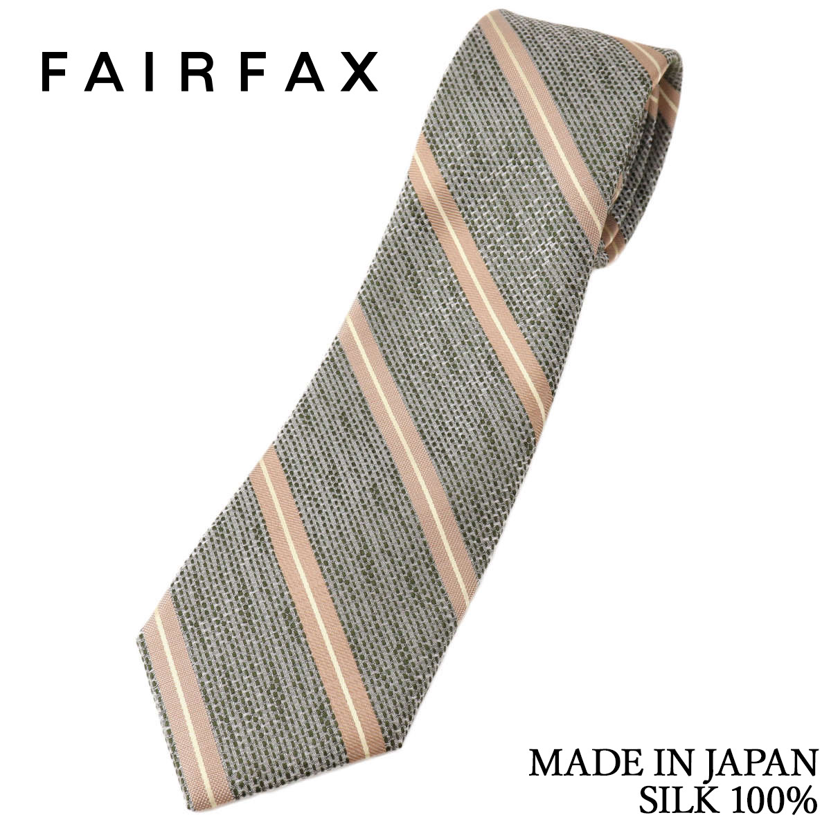 樂天商城 - フェアファクス FAIRFAX ネクタイ ストライプ 変形バスケット織 淡いカーキ 白経生地 シルク100% 日本製 ハンドメイド メンズ