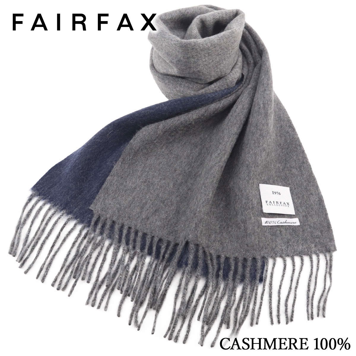 フェアファクス FAIRFAX グラデーション マフラー カシミヤ100% メンズ グレー×ネイビー 無地 クリスマス