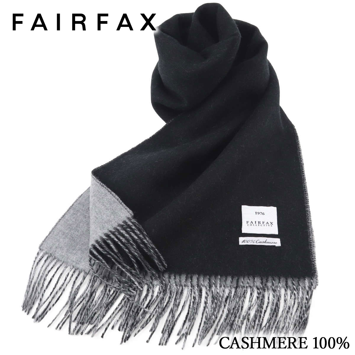 フェアファクス FAIRFAX リバーシブル マフラー カシミヤ100% メンズ ブラック×チャコールグレー×ライ..