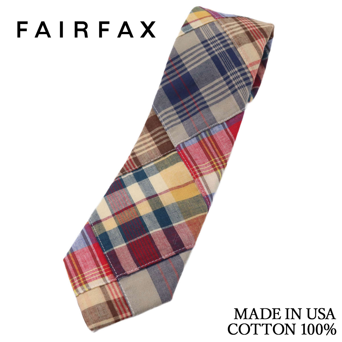 フェアファクス FAIRFAX ネクタイ パッチワークマドラス 綿100% ベージュ×レッド アメリカ製 ハンドメイド 父の日