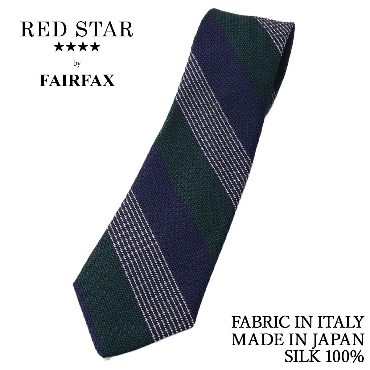 フェアファクス FAIRFAX ネクタイ フレスコ織 3色ストライプ ネイビー×ボトルグリーン×パールホワイト ..
