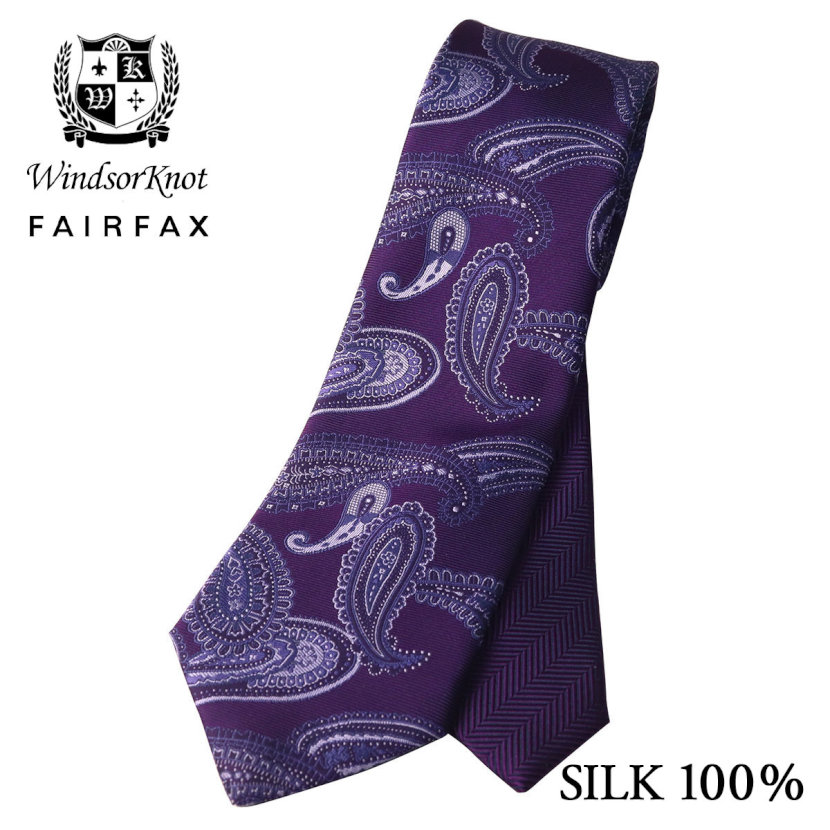 フェアファクス ネクタイ 【6/1限定 11%OFFクーポン】 ネクタイ ビジネス ブランド ウィンザーノット WindsorKnot フェアファクス FAIRFAX ネクタイ ペイズリー ヘリンボーン無地 クレリックタイ パープル 京都 丹後生地 シルク100% 日本製 ジャガード | 父の日 結婚式 ギフト ブランド おしゃれ