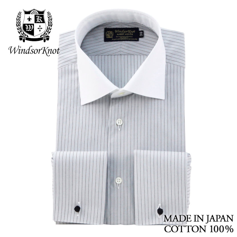 【送料無料】(ウィンザーノット) WindsorKnot ライトグレー ストライプ ワイドカラー クレリック ダブルカフス ドレスシャツ 100番手 双糸 綿100% 日本製 スリム|結婚式 ブランド おしゃれ プレゼント メンズ 男性 ワイシャツ ギフト 高級 かっこいい