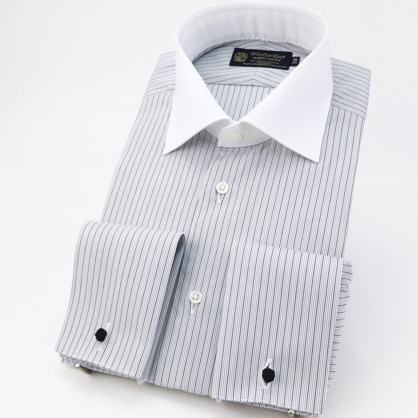 【送料無料】(ウィンザーノット) WindsorKnot ライトグレー ストライプ ワイドカラー クレリック ダブルカフス ドレスシャツ 100番手 双糸 綿100% 日本製 スリム|結婚式 ブランド おしゃれ プレゼント メンズ 男性 ワイシャツ ギフト 高級 かっこいい
