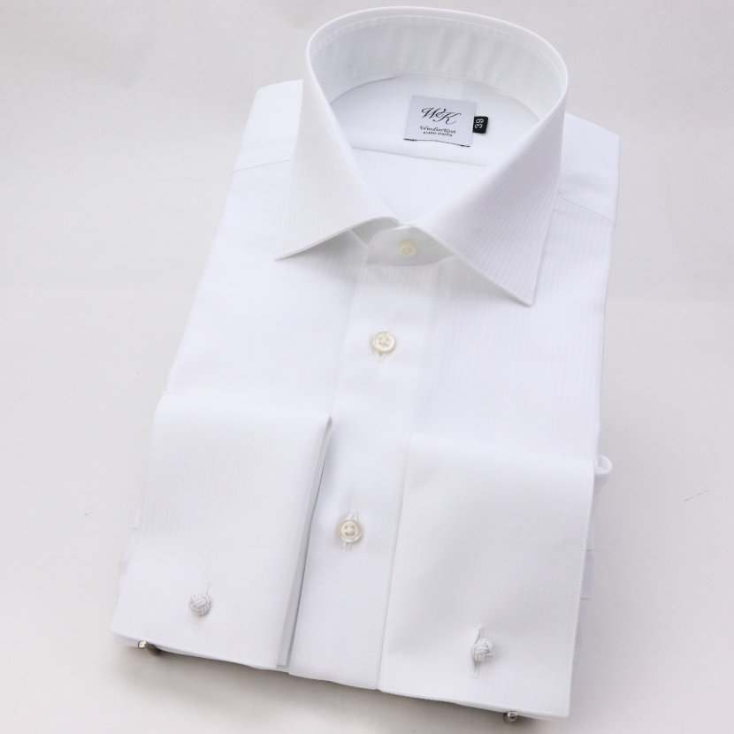 【送料無料】【S(38-82)】(ウィンザーノット) WindsorKnot ワイドカラー ダブルカフス 白無地 ドビーストライプ 長袖 ドレスシャツ スリム 日本製 イージーケア 綿100%|結婚式 ブランド おしゃれ プレゼント メンズ 男性 ワイシャツ ギフト 高級