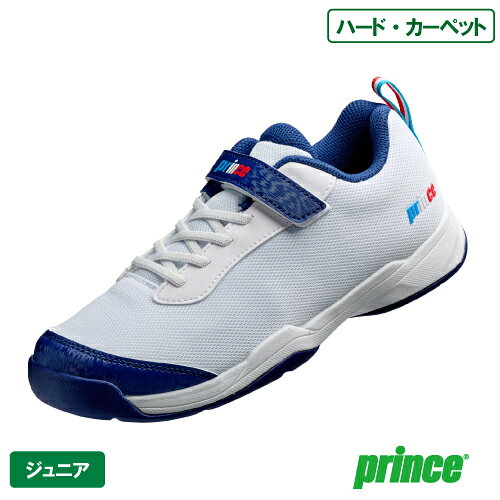 メーカープリンス 品名ジュニアハード＆カーペット用シューズ 品番DPS684-217 サーフェスハード・カーペット 対象性別ジュニア サイズ18.0-22.0cm（※付属のインナーソールで、18.5〜22.5cmへ0.5cmのサイズ調整可能） カラーホワイト×ネイビー(217) 素材(アッパー)人工皮革＋合成繊維 素材(ミッドソール)モールデッドEVA 素材(アウトソール)耐摩耗ラバー 機能PMF SOLE　JR 発売日2026年8月 備考（公財）日本ソフトテニス連盟公認商品 ソフトな足入れ感と適度なフィット感を両立した軽量ジュニアテニスシューズサイズ調整用インナーソール付き
