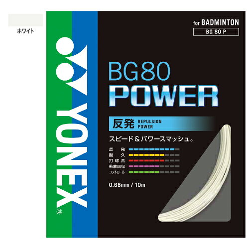 メーカーヨネックス 品名BG80 パワー ゲージ0.68mm タイプマルチ 長さ10m カラーホワイト(011)しっかりした打球感、スピード&パワースマッシュ。