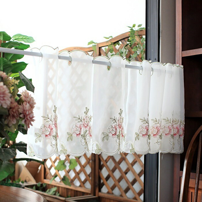 カフェカーテン 小窓用 小窓カーテン 送料無料 キッチンカーテン 刺繍 おしゃれ 小窓 カーテン ミドル カリスター サラサ 花 幅約175cm 丈約42cm