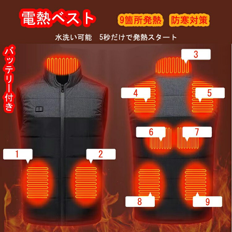 電熱ベスト 電熱ウェア 加熱ベスト ヒートベスト 防寒ベスト 【20000mAh バッテリー付き】 送料無料 9エリア発熱 ヒーターベスト 男女兼用 3段温度調整 ヒーター付き メンズ レディース インナーベスト 電熱ジャケット USB式加熱 軽量 水洗い可 ヒーター9つ内蔵 釣り スキー