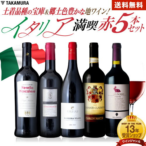 送料無料 第3弾 イタリア満喫 5本 赤ワイン セット 豊富な土着品種・個性溢れる地ワイン！イタリア