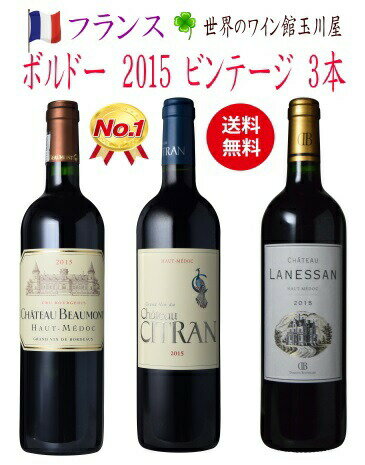 【送料無料】 ボルドー 赤ワイン 2015 ビンテージ 3本セット 飲み比べ