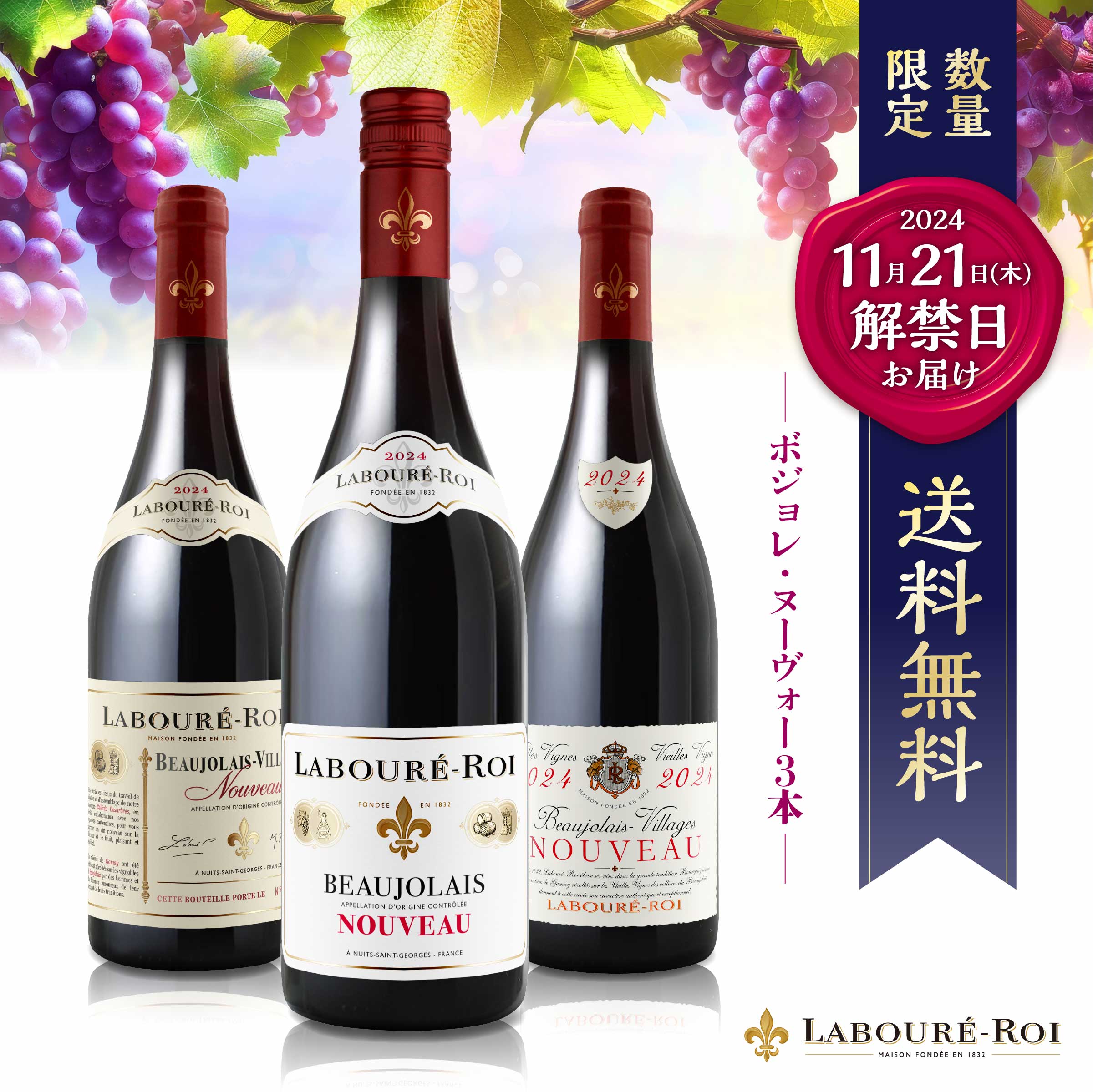 数量限定★解禁日当日にお届け【 300円OFFクーポン配布中 】古樹ワイン入り！2024 ボジョレ・ヌーヴォー 3本飲み比べセット 送料無料 フランス ボジョレー ヌーボー ワイン Beaujolais Nouveau「赤 3本 750ml」送料無料　ギフト　年末年始　お祝い