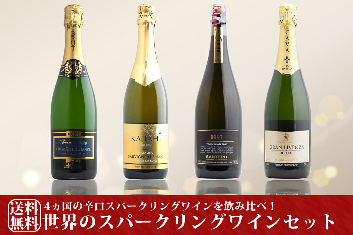 ボックスワインのお手軽ワイン館の【送料無料】世界のスパークリングワイン4本セット(泡4本)【あす楽対応】　お得　飲み比べ　泡　クレマン　クリスマス　パーティ　乾杯　フランス　ニュージーランド　辛口　イタリア　スペイン｜アングル2
