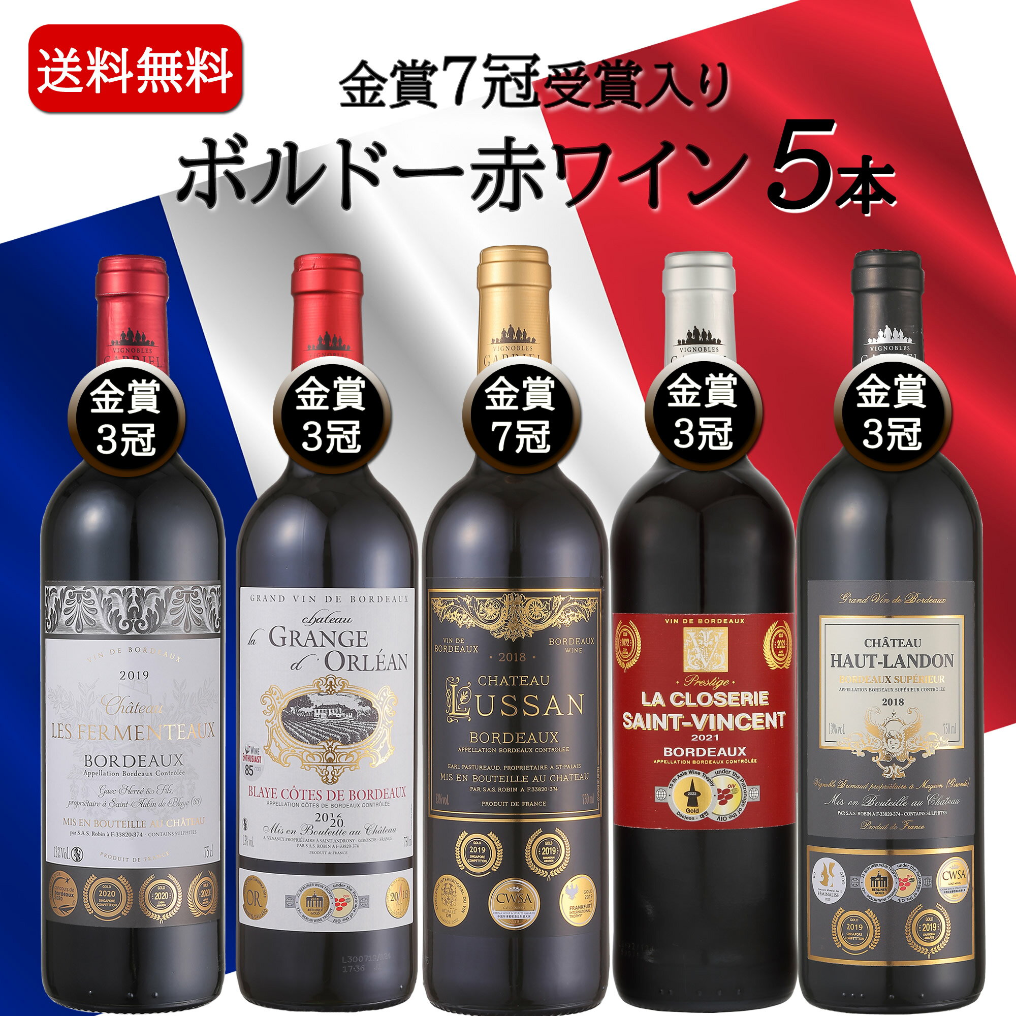 【18日(金)ポイント4倍】プレゼント ワインセット 送料無料 赤ワイン 飲み比べ 金賞受賞 フランス産 フランスワイン ミディアムボディ 5本セット お誕生日 誕生日プレゼント