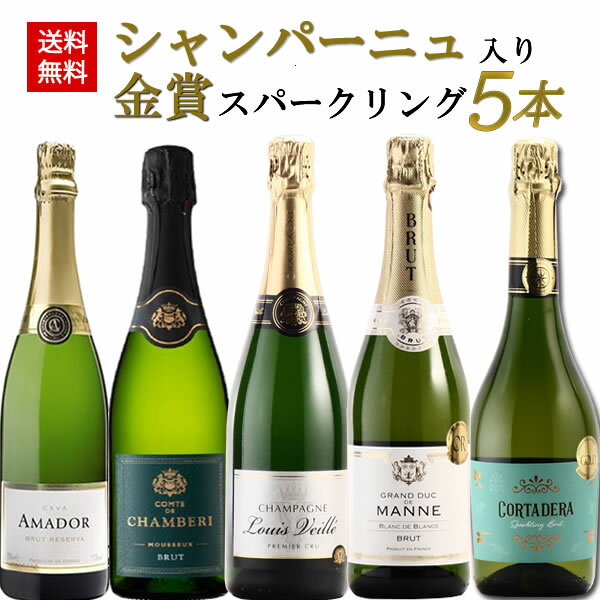 ＼15日限定ポイント10倍！！／ワイン セット お酒 プレゼント シャンパン スパークリングワイン 飲み比べ 金賞受賞 フランス産 スペイン産 辛口 5本セット お誕生日 送料無料