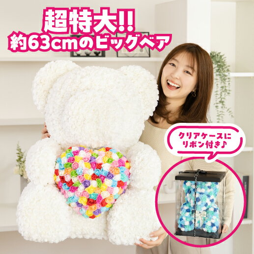 乐天商城 - 誕生日カード 母の日カード選択可 2026 プレゼント ビッグベア 約63cm クリアボックス付 ぬいぐるみ ギフト 造花 バラ 薔薇 テディベア くま クマ 熊 ローズベアー フラワーベア フラワーギフト カラフル Rose Bear 贈り物 贈答用 カラフル カワタキ