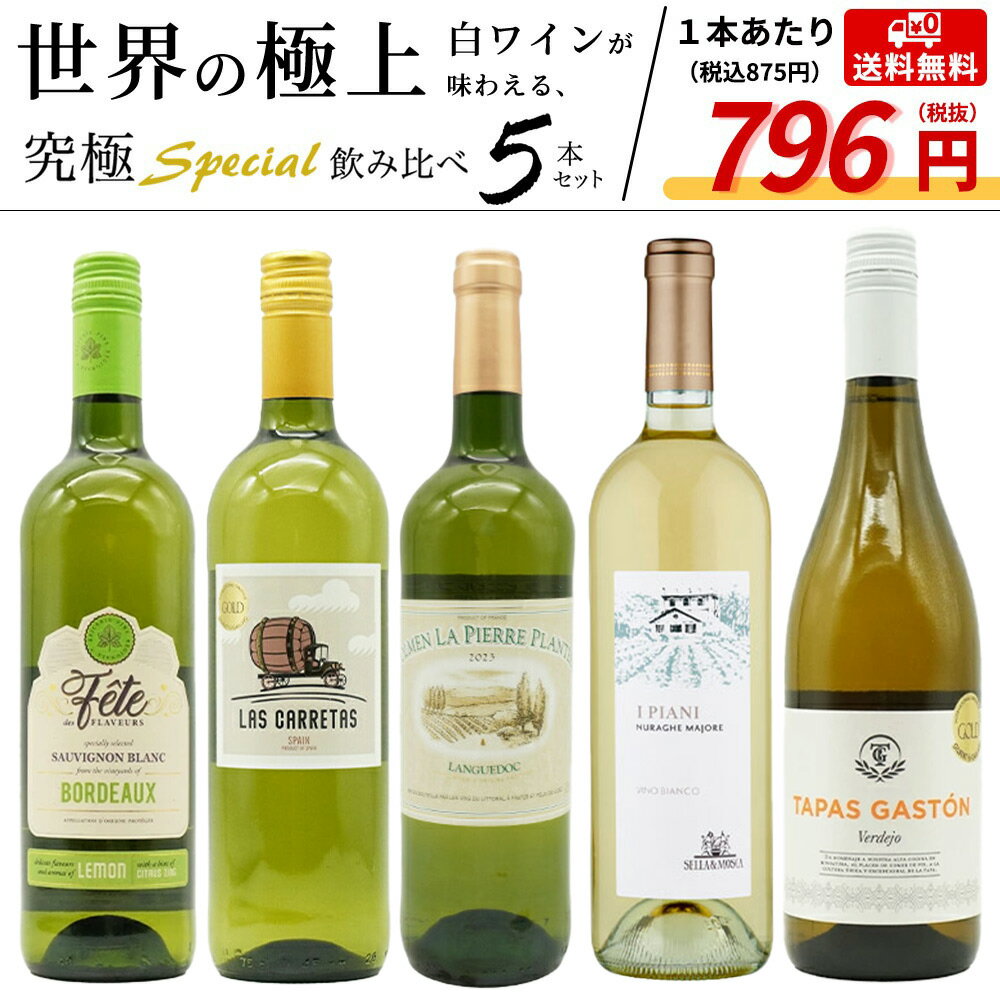 【送料無料】当店厳選！世界の白ワインが味わえる！超極上辛口白ワイン究極スペシャル飲み比べ5本セット