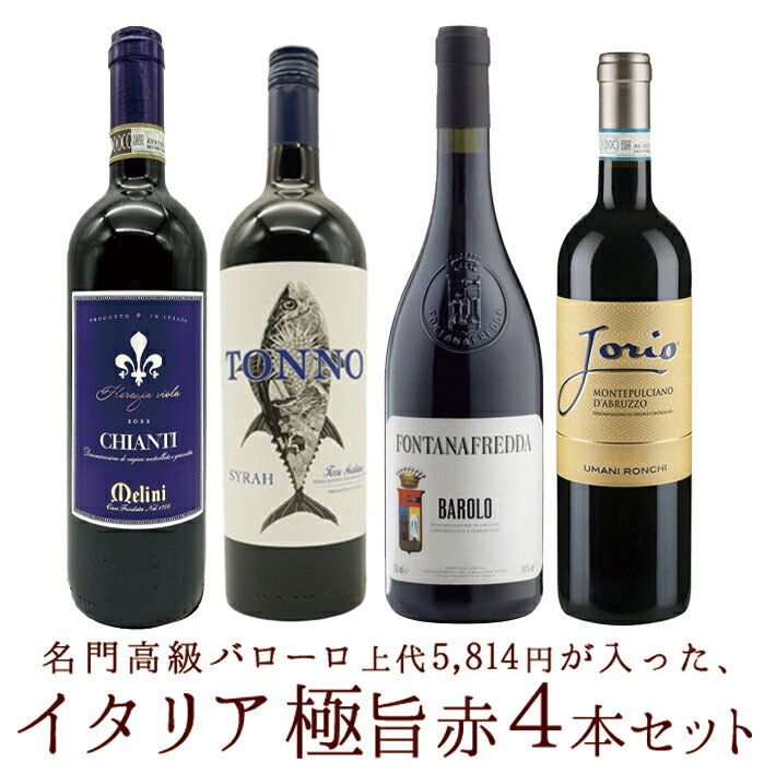 【送料無料】玉手箱厳選！イタリア極旨赤ワイン飲み比べ4本(名門高級バローロ上代5,814円(税込)が1本入った)スペシャ…