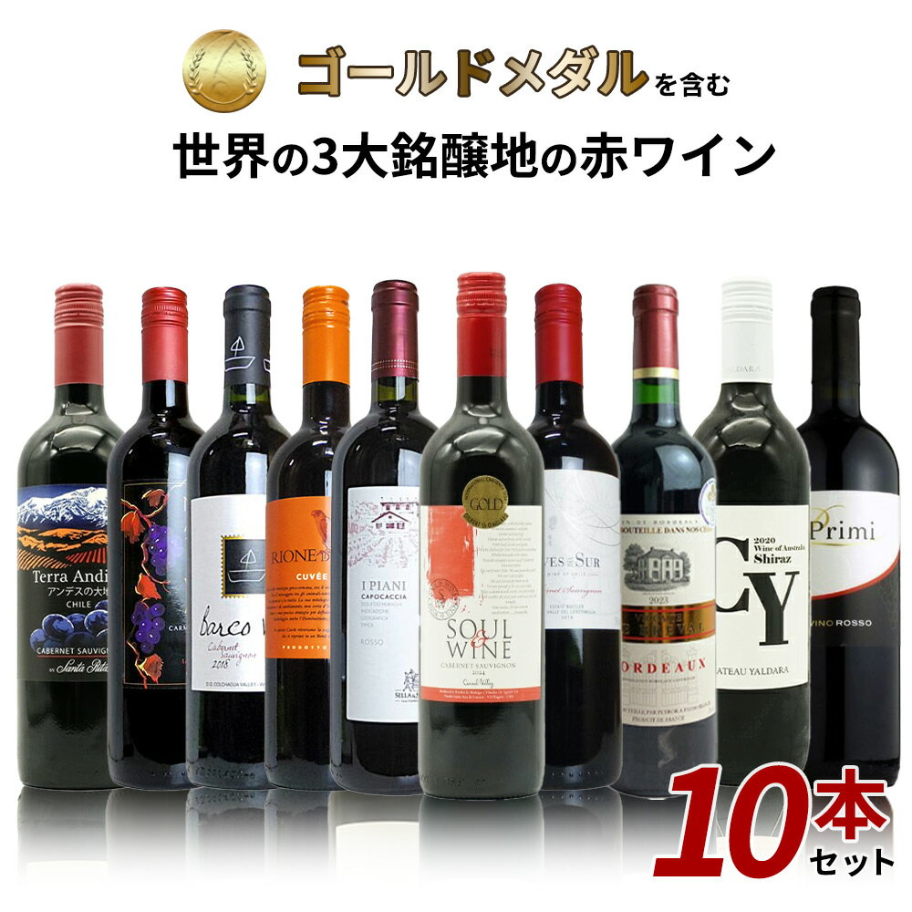 【送料無料】SOY 10年連続受賞店舗が厳選！日頃の感謝をこめて！金賞を含む世界の3大銘醸地の赤ワイン10本セット！ ワインセット
