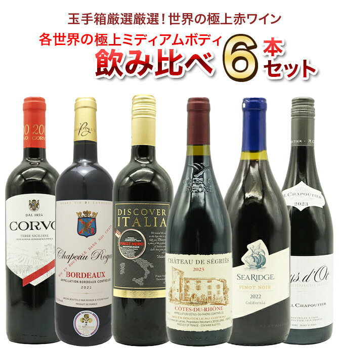 【送料無料】玉手箱厳選 各世界の極上ミディアムボディ飲み比べ赤ワイン6本セット ワインセット