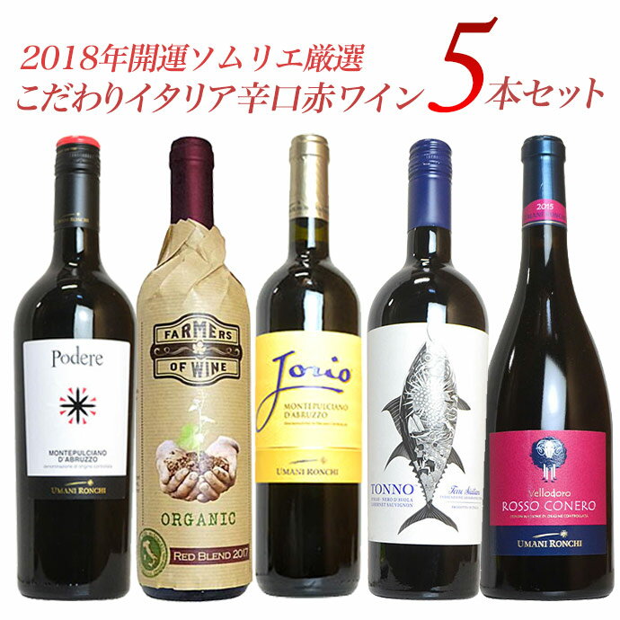 【数量限定】2018年開運 ソムリエ厳選 こだわりイタリア辛口赤ワイン飲み比べ5本セット