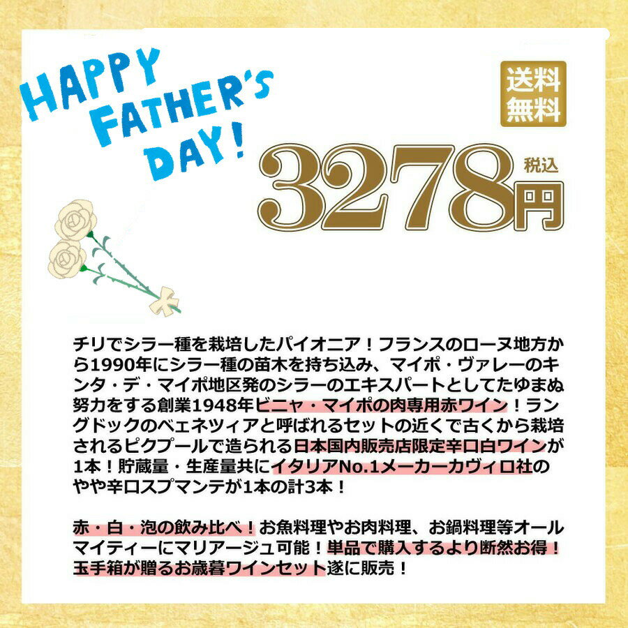 うきうきワインの玉手箱 父の日ワインセット 赤ワイン 白ワイン スパークリングワイン 3本セット 送料無料