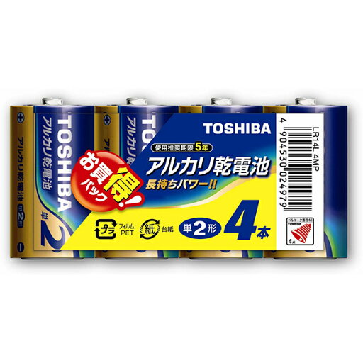 アルカリ乾電池 単2形 4本パック LR14L 4MP 東芝 アルカリ乾電池 単2形 4本パック LR14L 4MP 東芝