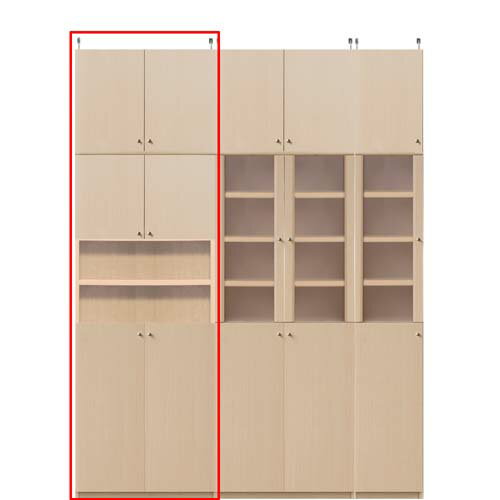 Rakuten - 木製文庫本収納ラック高さ232〜241cm幅71〜80cm奥行19cm厚棚板（棚板厚2.5cm）　本体棚扉サイズ:上扉52.5cm+下扉62.6cm(高さ=ラック高さ178cm+突張棚高さ47cm+伸縮突張金具)飾り棚付両開き扉木製文庫本収納ラック