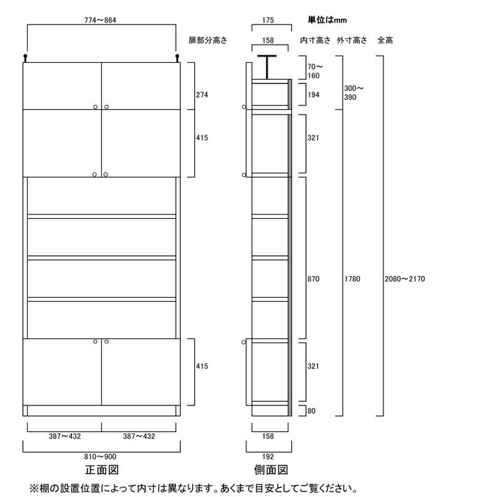 薄型扉付きラック高さ208〜217cm幅81〜90cm奥行19cm厚棚板（棚板厚2.5cm）　本体棚...