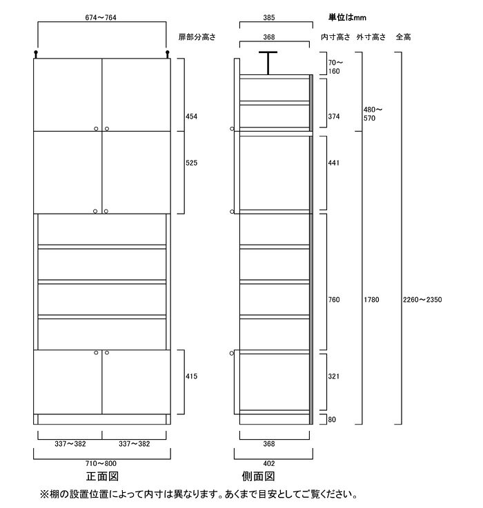 扉付幅広収納棚高さ226〜235cm幅71〜80cm奥行40cm厚棚板(棚板厚2.5cm) 本体棚扉サイズ:上扉52.5cm+下扉41.5cm(高さ=ラック高さ178cm+突張棚高さ41cm+伸縮突張金具)飾り棚付両開き扉扉付幅広収納棚 [3]