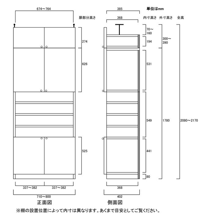 扉付組立収納棚高さ208〜217cm幅71〜80cm奥行40cm厚棚板（棚板厚2.5cm）　本体棚扉サイズ:上扉62.6cm+下扉52.5cm(高さ=ラック高さ178cm+突張棚高さ23cm+伸縮突張金具)飾り棚付両開き扉扉付組立収納棚 3
