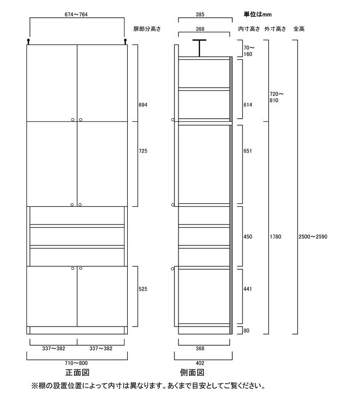 飾れる壁面本棚高さ250〜259cm幅71〜80cm奥行40cm厚棚板（棚板厚2.5cm）　本体棚扉...