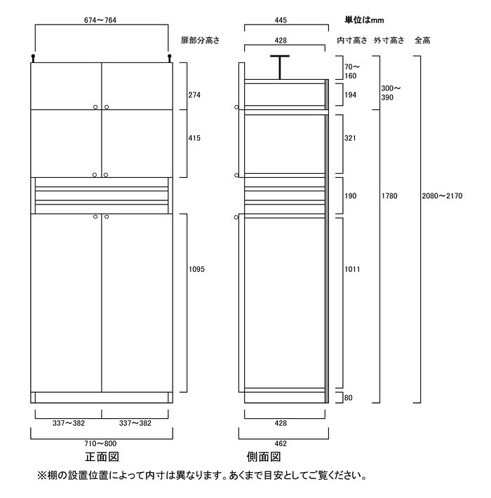 幅広壁面収納棚高さ208〜217cm幅71〜80cm奥行46cm厚棚板（棚板厚2.5cm）　本体棚扉...
