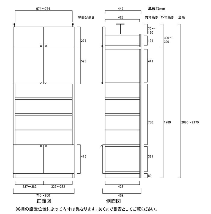 組立大容量収納棚高さ208〜217cm幅71〜80cm奥行46cm厚棚板（棚板厚2.5cm）　本体棚...