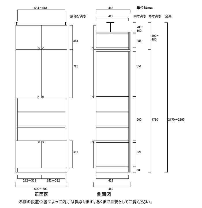マガジン深型収納棚高さ217〜226cm幅60〜70cm奥行46cm厚棚板(棚板厚2.5cm) 本体棚扉サイズ:上扉72.5cm+下扉41.5cm(高さ=ラック高さ178cm+突張棚高さ32cm+伸縮突張金具)飾り棚付両開き扉マガジン深型収納棚 [3]