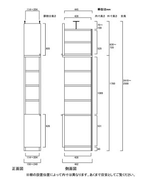 隙間つっぱり壁面収納 深型書庫 耐震対策収納 M2 【オーダー本棚】小説 雑誌などの収納に 組立家具 隙間つっぱり壁面収納 高さ241〜250cm幅15〜24cm奥行46cm 標準棚板（厚さ1.7cm）